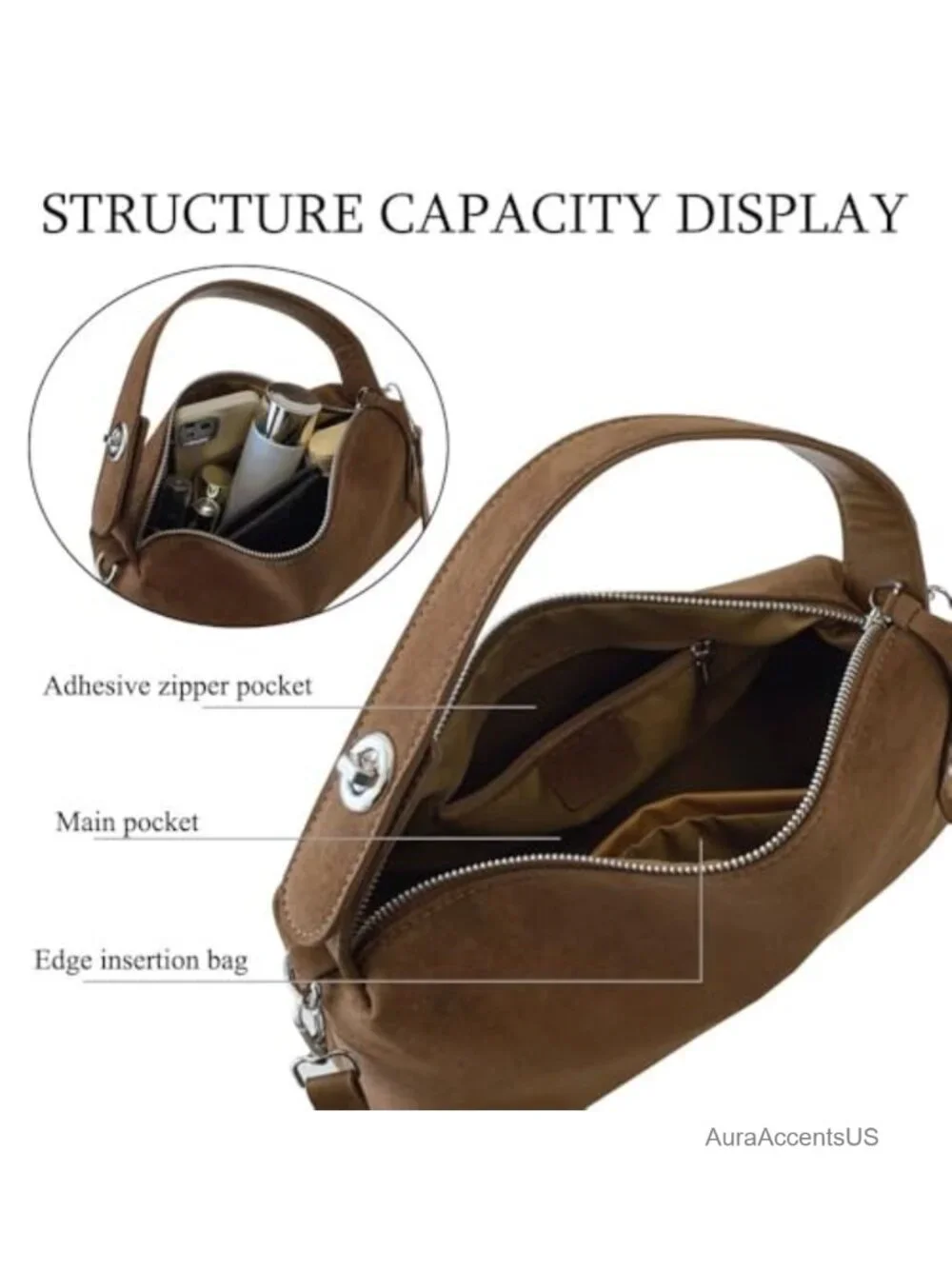 Faux Suede Hobo Bag Women Convertible Crossbody Purse with Flower Keychain